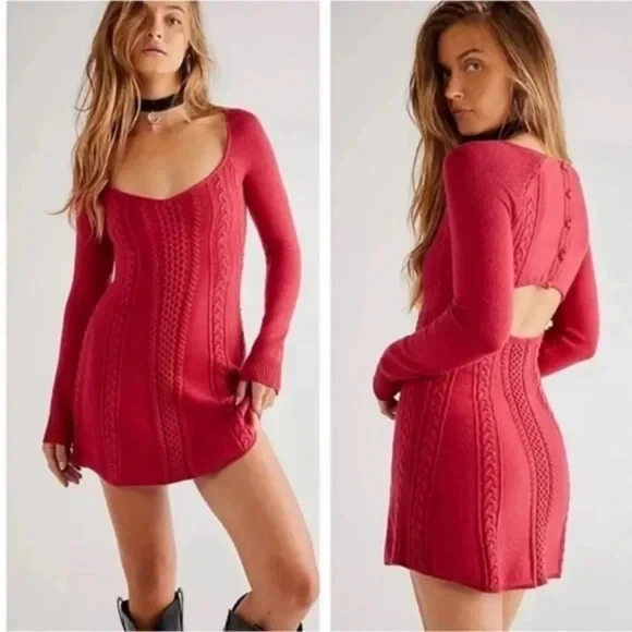 BNWT Free People Cableknit Mini Dress In Cranberry Size Small - Picture 1 of 8